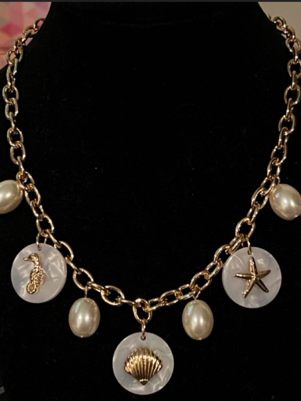 Liz Claiborne Gold Chain Necklace with Pearl & Mother-of-Pearl Sea Charms